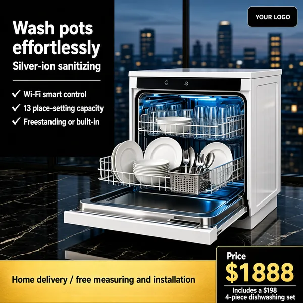 [Format]
Professional e-commerce product main image, square 1:1, premium home-appliance style set against an evening city window.

[Colors]
Background a dusky blue-grey city window scene (#5a6b7c range) blurred behind; a black marble floor; a white machine body; a sky-blue and white type panel; a warm gold-yellow band along the bottom; no frame border.

[Layout]
A dark panel at the top-left carries the title and checklist; the dishwasher stands centre-right with its door opened toward the viewer; a small chip sits top-right; a gold strip and a dark price block run along the bottom edge.

[Subject]
No people. A white freestanding dishwasher with its door lowered and racks pulled slightly out, loaded with plates, glasses and a cutlery basket, the interior glowing cool blue; a night city skyline with warm window lights shines through the window behind.

[Headline]
Left panel, bold white caps: "Wash pots effortlessly" over "Silver-ion sanitizing", then three check rows: "Wi-Fi smart control", "13 place-setting capacity" and "Freestanding or built-in". The bottom gold strip reads "Home delivery / free measuring and installation"; a dark block at the right holds "Price" above a huge gold "$1888". A white line beneath: "Includes a $198 4-piece dishwashing set".

[Badges]
A small dark chip at the top-right carries a "YOUR LOGO" placeholder mark.

[Mood]
Premium and reassuring; twilight city luxe framing a hard-working kitchen hero.