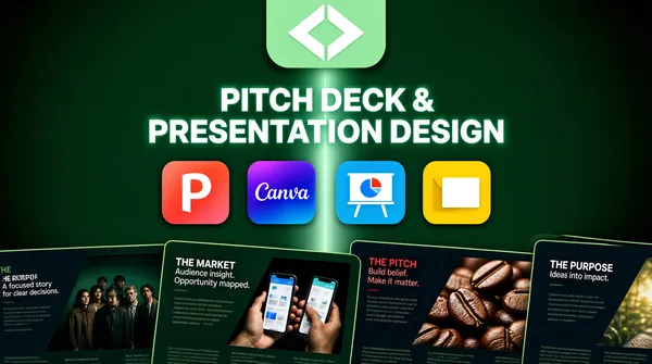 [Format]
Landscape 16:9 gig cover, deep green field with a glowing centred headline and a fanned row of slide mockups along the bottom. Polished portfolio finish. No watermark, no personal names.

[Layout]
A flat deep forest green field with slightly darkened corners and a brighter centre behind the headline. A soft vertical light column runs down from the top edge through the middle of the headline. A pale-green rounded-square badge hangs from the very top edge, centred horizontally and cropped so only its lower two thirds show. The centred headline block sits in the upper middle, above a single horizontal row of four rounded-square app tiles at about 60% height. The bottom 40% is filled by four landscape slide thumbnails in a gentle fan: they overlap left to right, each rotated a few degrees, the two outermost bleeding off the left and right edges and all four cropped flat by the bottom edge. Each thumbnail has a thin light-green hairline border around a dark navy or deep green interior.

[Subject]
No person. The only human imagery sits inside the bottom thumbnails as small photographs: a dark group scene, hands holding phone mockups, and a coffee-bean close-up, each cropped hard by the tile edges and darkened toward the tile borders.

[Headline]
Centred, two lines, in a bright mint-white uppercase grotesque with generous letter spacing and a soft outer glow that bleeds the letters into the green: 'PITCH DECK &' then 'PRESENTATION DESIGN' slightly wider. Both lines are weighty but not condensed, set at roughly one fifth of the frame height, centred on the vertical axis with even leading. Inside the bottom slides, small white and crimson headings appear in light and heavy weights — 'THE PURPOSE', 'THE MARKET', 'THE PITCH' — each with two or three lines of tiny pale body text beneath, and on the leftmost and rightmost tiles the copy is cut off by the frame.

[Badges]
Top centre, the pale-green rounded-square tile holds a simple white angular glyph, a diamond outline with two stacked chevrons inside it. Below the headline, a row of four rounded-square app tiles: the Microsoft PowerPoint tile in a coral-to-red gradient with the white 'P'; the Canva tile in a violet-to-blue gradient with the white Canva script; a bright sky-blue tile carrying a white easel-style presentation board and a small pie chart; and the Google Slides tile, a warm yellow folded page with a white rectangle inset.

[Mood]
Deep forest green with luminous mint-white type and small saturated app-tile accents. Premium and slightly cinematic; at thumbnail size the glowing centred headline and the fan of dark slides below read as one shape.