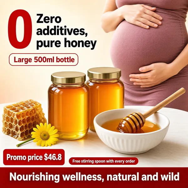 [Format]
Professional e-commerce product main image, square 1:1, warm natural food style blending product still life and lifestyle photography.

[Colors]
Background a warm ivory-to-blush gradient (#f6ecdf range); amber-gold honey tones dominating the centre; a deep red promo band along the bottom; white ceramic and wooden textures; no frame border.

[Layout]
Headline in the top-left; a softly lit photo of an expectant mother in the upper-right; honey jars, dipper and bowl arranged across the centre; a price tag at the lower-left; the red banner runs along the full bottom edge.

[Subject]
Upper-right, cropped close: the rounded belly of an expectant mother in a mauve dress, her fair-skinned hands cradling it tenderly. Centre: two glass jars filled with golden honey, a white bowl with a wooden dipper resting inside, a chunk of honeycomb and a single yellow daisy at the left edge.

[Headline]
Top-left, a big red "0" leading bold dark text "Zero additives, pure honey", with a red-outlined tag beneath: "Large 500ml bottle". The bottom red band in white reads "Nourishing wellness, natural and wild". A lower-left red tag marks "Promo price $46.8".

[Badges]
A small red pill above the band reads "Free stirring spoon with every order".

[Mood]
Gentle, wholesome and maternal; honey-gold warmth aimed at natural-nutrition shoppers.