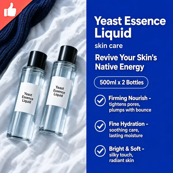 [Format]
Professional e-commerce product main image, square 1:1, clean editorial skincare style in a single saturated blue. Crisp white type and airy product photography.

[Colors]
Background a vivid cobalt blue field around #2b52d8. The left photo panel shows white bedsheets and a navy knit throw in soft daylight. Accent white and pale blue type with a coral corner ribbon. No frame border.

[Layout]
A coral ribbon tag with a thumbs-up icon sits top-left. The left 45% is a full-height photo of rumpled white linen with two clear bottles lying diagonally on the cloth. The right side carries the headline stack, a volume pill and three check-marked benefit blocks separated by generous spacing.

[Subject]
Two tall clear glass bottles of yeast essence toner with white minimal labels and black caps, lying at a diagonal across soft white bedsheets, light refracting through the liquid for a freshly laundered spa mood. No people.

[Headline]
Right column top: "Yeast Essence Liquid" in bold white, a small letterspaced line "skin care" beneath, then "Revive Your Skin's Native Energy". A white outlined pill: "500ml x 2 Bottles". Three benefit rows in white with check icons: "Firming Nourish - tightens pores, plumps with bounce", "Fine Hydration - soothing care, lasting moisture", "Bright & Soft - silky touch, radiant skin".

[Mood]
Fresh, clinical and hydrating; one confident blue with cool linen photography, benefit-led copy that stays readable even small.