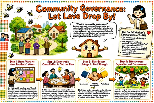 This is a community governance-themed infographic presented in a warm hand-drawn cartoon style. Overall it uses an off-white background paired with a colorful dotted-grid border, making it visually full of friendliness and a flavor of everyday life. The title "Community Governance: Let Love Drop By!" is placed at the top center in three-dimensional orange artistic lettering; the font is lively and cute, and on the right is a cartoon female social worker holding a briefcase, wearing a blue hair clip, smiling and waving in greeting. The main body of the image is divided into four main parts: in the upper-left corner is a panoramic illustration of the community, showing winding paths connecting several cozy houses, residents chatting under the trees, and bees flying about, symbolizing harmonious neighborly relations; toward the center-right is a personified house character with open arms welcoming residents, with a speech bubble explaining "What is community governance?" — "Resident-centered, using professional social work methods, with multi-party participation to jointly solve community problems. The core concept: 'helping people to help themselves.' By stimulating internal motivation, reinforced-concrete buildings are transformed into a community with warmth. It is the warmest micro-experiment in the modern city!" On the right side stands a sheet of paper titled "The Social Worker's Communication Toolkit," fastened with a paper clip, containing: - The professional relationship is the cornerstone. - Use "empathy" to listen to residents' complaints, and use "we" more often when responding. - If conflict arises, learn "neutral mediation": understand emotions, focus on interests. - Gently yet firmly push toward consensus. Above are two ear icons and a red heart icon, emphasizing listening and empathy. Below, four process steps are arranged horizontally, connected by arrows, forming a clear logical chain: **Step 1: Home Visits to Hear Residents' Voices** The illustration depicts a social worker holding a magnifying glass to examine a "Resident message board" covered with sticky notes. The text reads: "Go visiting with a smiling face. Through household interviews and questionnaire surveys, identify community pain points (such as parking difficulties, age-friendly renovations, etc.). Remember: social workers must grow a pair of eyes that 'discover resources' — not only look at problems, but even more at potential." **Step 2: Democratic Consultation to Set the Plan** The illustration shows several residents sitting around a round table in discussion, with documents and a light bulb icon (representing ideas) on the table. The text reads: "Hold a residents' council meeting. It is not the social worker who decides, but the residents who discuss together. Through Robert's Rules of Order or the community walking method, give everyone a chance to speak up. Protect the right of the 'silent minority' to participate!" **Step 3: Five-Sector Linkage to Pool Strength** The illustration presents three hands clasped tightly together, labeled "Government," "Property Management," and "Volunteers" respectively, with golden light radiating around them. The text reads: "Ding! Cross-sector cooperation begins. Integrate the community, social organizations, social workers, volunteers, and charitable resources. Like a jigsaw puzzle, combine the strengths of multiple parties. Never fight alone!" **Step 4: Effectiveness Evaluation and Empowerment** The illustration depicts children playing joyfully under a big tree full of smiling-face fruits, decorated with colorful flags. The text reads: "After the project ends, carry out summary and feedback. Not only look at whether the environment has become more beautiful, but even more at whether residents have organized themselves. Cultivate community leaders, and shift governance from 'project-driven' to 'self-operating.'" Through vivid illustrations, clear step-by-step breakdowns, and practical written guidance, this infographic systematically explains the core concepts and operational pathways of community governance, emphasizing resident participation, multi-party collaboration, and continuous empowerment, conveying the warm theme of "letting love drop by." Along the left edge there are also decorative elements such as little bees, couple stickers, and plaid patterns, enhancing the sense of fun and design.