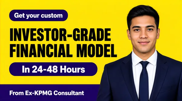 [Format]
Landscape 16:9 gig cover, modern minimal corporate promo on a saturated yellow field with a flat colour band. Clean studio cut-out composite, crisp flat vector plates. No watermark, no personal names.

[Layout]
The upper ~78% of the frame is a flat bright yellow field; the bottom ~22% is a solid indigo-purple horizontal band running the full width. The left ~60% stacks the message: a small indigo rounded plate at the top holding a short kicker, then a huge two-line black headline, then a second indigo rounded plate with a delivery promise. The right ~40% holds a chest-up photo cut-out of the seller in a suit whose body bleeds off the bottom edge and slightly off the right, with the purple band passing behind his lower half. Flat colour blocks, no gradients, no textures.

[Subject]
A clean-shaven young man with styled dark hair, wearing a dark navy suit, white shirt and navy tie, chest-up, facing camera with a soft smile, bright even studio lighting, occupying the right third.

[Headline]
Reading order: "Get your custom" in white bold title-case sans on the small indigo plate; "INVESTOR-GRADE FINANCIAL MODEL" in very large black bold uppercase sans across two lines on the yellow field, the dominant element; "In 24-48 Hours" in white bold sans on the second indigo plate; and in the purple bottom band "From Ex-KPMG Consultant" in white bold sans, left-aligned.

[Badges]
none

[Mood]
Bright yellow, indigo purple, black and white — sharp, modern, consultancy-grade confidence. At thumbnail size the black headline on yellow and the purple band read instantly.