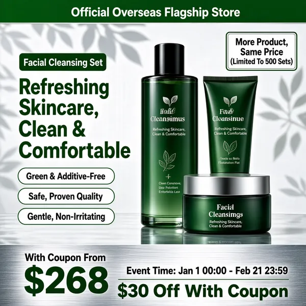 [Format]
Professional e-commerce product main image, square 1:1, premium botanical skincare promo in green and silver.

[Colors]
Silvery white-grey backdrop (#e9ebea) washed with soft botanical leaf shadows; brand green (#2f7d4f) on the ribbon, headline and packaging; a brushed silver metallic gradient band along the bottom; white outlined pills. No frame border.

[Layout]
A green ribbon runs across the top; the left column holds a small set label, the big two-line headline and three outlined claim pills; the product trio stands right of centre; a bordered note box floats at the top right; the silver band closes the bottom.

[Subject]
No people. A green-toned skincare set: a tall glass toner bottle with a black cap, a matching squeeze tube and a round cream jar with a metallic silver lid, all in deep green gradient with silver accents, standing on a reflective surface amid faint leaf shadows.

[Headline]
Ribbon: "Official Overseas Flagship Store" in white. Left column: small white tag "Facial Cleansing Set", then "Refreshing Skincare, Clean & Comfortable" in two heavy green lines. Pills: "Green & Additive-Free", "Safe, Proven Quality" and "Gentle, Non-Irritating". Note box: "More Product, Same Price (Limited To 500 Sets)". Bottom band: small "With Coupon From" over a huge "$268"; a thin line "Event Time: Jan 1 00:00 - Feb 21 23:59"; then "$30 Off With Coupon" in bold dark.

[Badges]
No badges; the bordered note box and ribbon carry the trust claims.

[Mood]
Fresh, botanical and premium; silver calm with confident green branding and a coupon hook.