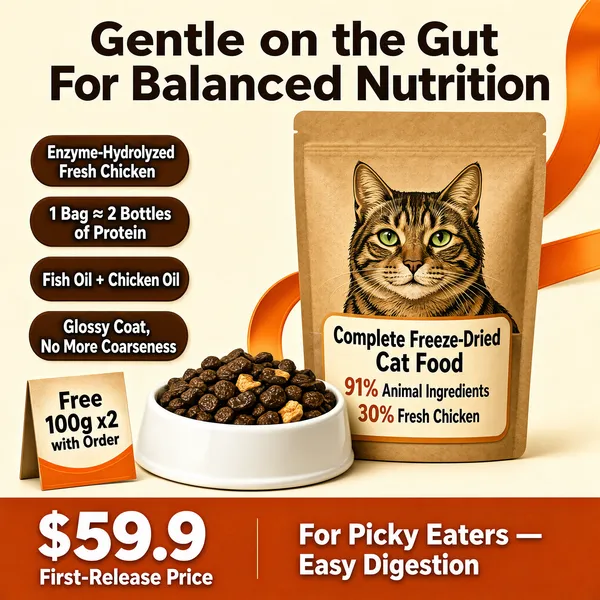 [Format]
Professional e-commerce pet-food main image, square 1:1, warm nutritious and trustworthy style.

[Colors]
Background soft cream (#f4ead8) with orange ribbon accents (#e87a1f); accents a kraft-brown pouch with an illustrated cat, dark kibble in a white bowl, brown claim chips and a terracotta footer band. No frame border.

[Layout]
A logo chip top left; the two-line headline at the top; the pouch stands centre-right with the kibble bowl at its lower left; four claim chips stack down the left; a small sample card sits bottom-left; an orange footer band runs along the bottom.

[Subject]
No people. A kraft-brown cat-food pouch with a handsome tabby cat illustration, brand marks and panel claims, beside a white ceramic bowl heaped with dark dual-texture kibble; a small free-sample card leans at the corner.

[Headline]
"Gentle on the Gut" over "For Balanced Nutrition" in dark brown bold; the chips read "Enzyme-Hydrolyzed Fresh Chicken", "1 Bag ≈ 2 Bottles of Protein", "Fish Oil + Chicken Oil", "Glossy Coat, No More Coarseness"; the footer shows huge white "$59.9" with small "First-Release Price" and terracotta-band text "For Picky Eaters — Easy Digestion"; the pouch itself carries "Complete Freeze-Dried Cat Food", "91% Animal Ingredients", "30% Fresh Chicken".

[Badges]
The free-sample card marked "Free 100g x2 with Order".

[Mood]
Wholesome, ingredient-led and reassuring; warm creams and oranges with appetizing kibble texture.