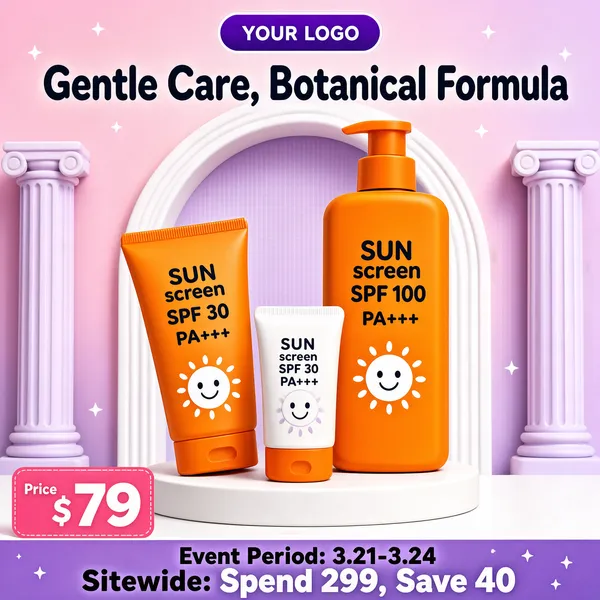 [Format] Professional e-commerce product main image, square 1:1, soft pastel 3D scene with dreamy arch backdrop. No watermark, no personal names.

[Colors] Background pale pink and lavender #f2d9ec range with a white classical arch niche flanked by two pastel Greek-style columns, tiny stars floating; product accent colour a saturated orange #f57e20 on all three tubes; soft white counter surface. No frame border.

[Layout] Headline row across the upper third in dark charcoal type. Three sunscreen products clustered center stage on a white pedestal, largest at right, tube leaning at left, small bottle front-center. Bottom-left holds a price tag; a slim event strip runs along the bottom edge; a small logo pill sits at top-center.

[Subject] No people. A sunscreen trio: a tall orange pump bottle labeled "SUN screen SPF 100", an orange squeeze tube labeled "SUN screen SPF 30" tilted at an angle, and a smaller white tube with orange cap reading "SUN screen SPF 30", each printed with a cute white smiling-sun icon and "PA+++". Matte soft-touch plastic with gentle studio shadows.

[Headline] Upper area reads "Gentle Care, Botanical Formula" in rounded semi-bold characters. Bottom-left tag: "Price $79" with the 79 oversized in white on pink. Bottom strip: "Event Period: 3.21-3.24" in small type above "Sitewide: Spend 299, Save 40" in large white characters.

[Badges] Top-center purple pill reading "YOUR LOGO" in white.

[Mood] Sweet, springlike and reassuring; pastel dreaminess with bold orange sun protection.