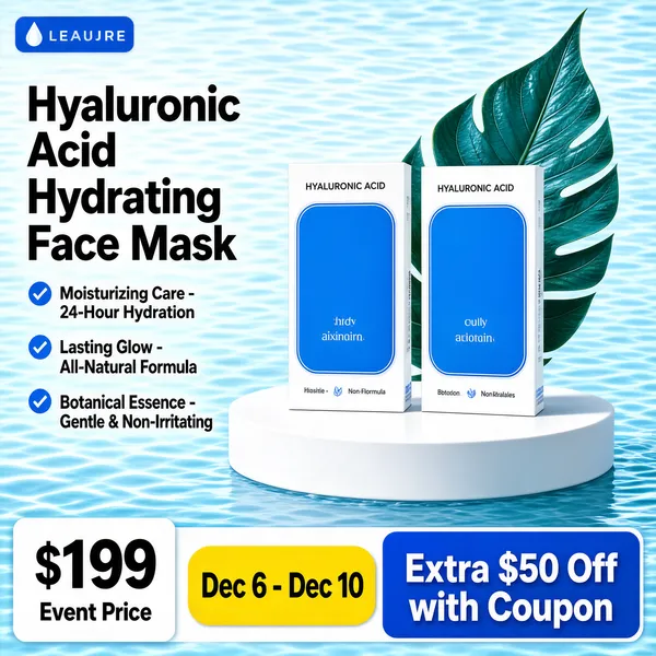 [Format]
Professional e-commerce product main image, square 1:1, refreshing blue water-surface face-mask promo.

[Colors]
Light blue rippling water background (#bfe4f0 range); white-and-blue mask boxes; teal leaf accent; black and blue text; blue check bullets; blue bottom banner; No frame border.

[Layout]
Logo chip top-left; headline upper-left; three check bullet pairs down the left; two slim mask boxes stand on a white round podium center-right with a tropical leaf behind; bottom band: price card left, a yellow event-date chip center and a blue coupon banner right.

[Subject]
Two slim white sheet-mask boxes with bright blue rectangular panels and rounded corners, standing upright on a white pedestal above calm blue water.

[Headline]
Black bold "Hyaluronic Acid Hydrating Face Mask"; blue check bullets "Moisturizing Care - 24-Hour Hydration", "Lasting Glow - All-Natural Formula", "Botanical Essence - Gentle & Non-Irritating"; bottom "$199 Event Price", yellow chip "Dec 6 - Dec 10", blue banner "Extra $50 Off with Coupon".

[Badges]
Three check bullets, yellow date chip, blue coupon banner.

[Mood]
Cool, clean hydration freshness with trustworthy skincare cues.