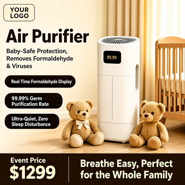 [Format]
Professional e-commerce product main image, square 1:1, cozy warm nursery-scene advertising style with soft daylight and family-safe messaging.

[Colors]
Warm cream-and-tan room tones (#e9dcc6 to #d9c6a4), honey-gold light beams from the upper right; primary accent deep charcoal brown (#4a3a2a) for text; dark feature pills; no frame border.

[Layout]
Top-left logo chip with "YOUR LOGO"; headline block upper-left; three dark rounded feature pills stacked down the left side; the purifier stands centre-right beside a crib; a dark brown strip runs along the bottom with price and tagline.

[Subject]
Centre-right: a tall matte-white tower air purifier with a rounded top grille and a side handle cut-out, standing on a light wood floor; around it two plush teddy bears on the floor, a wooden crib at the right edge, soft curtains behind. No people.

[Headline]
Upper-left in very heavy dark-brown caps: "Air Purifier"; below it a lighter brown subline: "Baby-Safe Protection, Removes Formaldehyde & Viruses". The three pills read in white: "Real-Time Formaldehyde Display", "99.99% Germ Purification Rate", "Ultra-Quiet, Zero Sleep Disturbance". Bottom strip: "Event Price" over "$1299" in cream on the left, and "Breathe Easy, Perfect for the Whole Family" in bold on the right.

[Mood]
Gentle, reassuring and homely; warm nursery light with trustworthy dark-on-cream type.