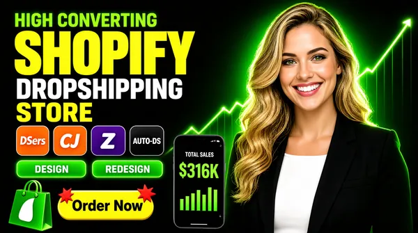 [Format]
Professional Fiverr gig cover, landscape 16:9 banner. Dark high-converting e-commerce advertising style with neon green accents and app badges. No watermark, no personal names.

[Layout]
A near-black background with a green radial glow and a glowing green stock-chart line rising behind the subject. The left half carries the headline, app badge row, action buttons and proof phone; the right half is a cut-out portrait of a smiling woman.

[Subject]
On the right: a confident young white / Caucasian woman with long wavy blonde hair, wearing a black blazer over a white top, smiling broadly at the camera. Clean studio light with a green rim glow, head-and-shoulders. No text or watermark on the subject.

[Headline]
Stacked on the left: "HIGH CONVERTING" in bold green caps; then "SHOPIFY" in enormous heavy yellow condensed caps; then "DROPSHIPPING" in bold white caps; then "STORE" in bold yellow caps.

[Badges]
Below the headline, a row of five rounded square app badges: the red AliExpress shopping-bag mark, the orange "DSers" mark, the orange "CJ" script mark, the purple Zendrop / drop-shipping "Z" mark, and the dark "AUTO-DS" mark. Beneath them, two green rounded rectangular buttons with white caps: "DESIGN" and "REDESIGN".

[Devices]
Bottom centre: a smartphone mockup showing a Shopify analytics screen with "TOTAL SALES" and "$316K" in large green text, plus a small bar chart.

[Graphic accents]
Bottom-left: a yellow rounded pill button with black outlined text "Order Now" and small red stars at the corners. A green 3D Shopify shopping-bag mark floats at the lower left.

[Mood]
High-energy, revenue-focused and dropshipping-centric; dark green glow with bold yellow type, app badge row and a confident sales proof snapshot.