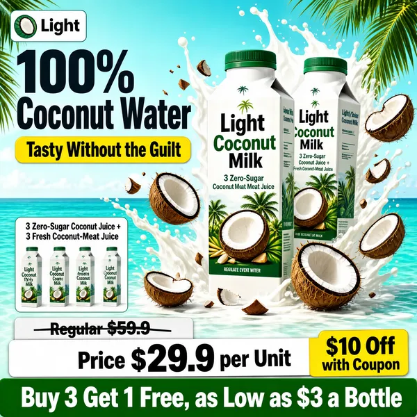 [Format] Professional e-commerce product main image, square 1:1, tropical beach beverage poster bursting with splash energy. [Colors] Background of turquoise sea and pale sky with palm fronds entering from the top corners, primary accents of white cartons with green caps and tropical print, dark charcoal headline type, yellow and green price blocks. No frame border. [Layout] Logo chip top left; giant two-line headline fills the upper left with a yellow ribbon pill beneath it; two cartons stand center-right amid flying coconut halves and milk splashes; a small product-grid inset sits lower left; the bottom is stacked with a strikethrough price line, a white coupon bar and a green final offer bar. [Subject] Two white Tetra-style cartons labeled Light Coconut Milk, one front-facing with a coconut-and-palm illustration and one angled behind, surrounded by cracked brown coconuts and white splashes. [Headline] Charcoal title '100% Coconut Water' with yellow strip 'Tasty Without the Guilt'; inset notes '3 Zero-Sugar Coconut Juice + 3 Fresh Coconut-Meat Juice'; prices show 'Regular $59.9' crossed out, then 'Price $29.9 per Unit'; green bar reads 'Buy 3 Get 1 Free, as Low as $3 a Bottle' with a note '$10 Off with Coupon'. [Mood] Refreshing, tropical and irresistible, a beach-vacation sip in a carton.