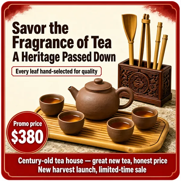 [Format]
Professional e-commerce product main image, square 1:1, classic tea-house promo style with festive red framing.

[Colors]
Background is a warm cream field with a red rounded border frame and darker red corner washes (#f4ead8 ground, #b8342a frame). Headline deep brown, price red, bottom banner red. No frame border beyond the decorative red frame.

[Layout]
Upper-left: the two-line headline with a red-outlined strip beneath. Right: the tea caddy holder. Center-bottom: the tea tray with teapot and cups. Bottom: a red price disc on the left and a full-width red banner.

[Subject]
No people. A brown clay teapot on a bamboo tea tray with three clay cups of amber tea, a carved wooden tea-caddy box holding bamboo tools behind, all resting on a textured stone surface.

[Headline]
Top: "Savor the Fragrance of Tea" over "A Heritage Passed Down" in heavy brown caps. Red-outlined strip: "Every leaf hand-selected for quality". Price disc: "Promo price $380". Red banner: "Century-old tea house — great new tea, honest price" above "New harvest launch, limited-time sale".

[Mood]
Traditional, warm and festive; clay browns and cream with festive red accents.