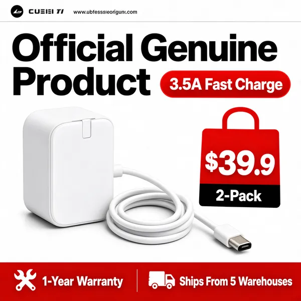 [Format]
Professional e-commerce product main image, square 1:1, minimalist white tech-accessory style with a bold red trust bar.

[Colors]
Clean white background; white charger and cable; black display type; a red rounded pill and a red shopping-bag price tag; a solid red bottom bar with white icons and text.

[Layout]
Top bar carries a small logo plate with a web address. The charger plug stands upright at left with its cable coiling to the right, ending in the connector. The huge headline runs above the product; a red pill sits to its right. The red bag tag floats at mid-right. The red bottom bar spans full width.

[Subject]
A white USB wall-charger block with folded prongs and a white charging cable coiled beside it, terminating in a micro-USB connector, shot in crisp studio light with soft shadows.

[Headline]
Upper area: enormous black caps "Official Genuine Product"; to its right a red rounded pill with white "3.5A Fast Charge". Mid-right, a red shopping-bag shaped tag with white "$39.9" over a black strip "2-Pack".

[Badges]
Bottom red bar with two white icon claims: a tools icon for "1-Year Warranty" and a delivery-truck icon for "Ships From 5 Warehouses".

[Mood]
Simple, trustworthy and deal-clear; white minimalism punctuated by confident red price marks.