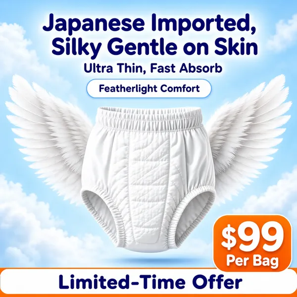 [Format]
Professional e-commerce product main image, square 1:1, premium diaper hero floating on a dreamy sky-blue background with soft white feather wings behind it.
[Colors]
Pastel sky blue and white palette, airy cloud texture, deep blue display type, orange price badge accent.
[Layout]
Two-line headline at the top, rounded feature pill beneath, product centered large, price tag anchored bottom right.
[Subject]
One ultra-soft white diaper pant shown front and center, wings spread behind for a featherlight feel.
[Headline]
"Japanese Imported, Silky Gentle on Skin" with subline "Ultra Thin, Fast Absorb".
[Badges]
Orange tag reading "$99 Per Bag" and a limited-time offer strip at the bottom.
[Mood]
Soft, pure and reassuring, premium mother-and-baby care aesthetic.