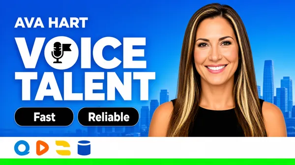[Format]
Landscape 16:9 gig cover, bright corporate portrait with city skyline and brand logo strip. Glossy, modern finish. No watermark, no personal names.

[Layout]
The background is bright blue with a faint city skyline. A woman occupies the right half. The left side carries stacked type, two black pill badges, and a white bar with brand marks at the bottom. The bottom edge has a bright green stripe.

[Subject]
A smiling woman with long straight brown hair and blonde highlights, wearing a black sleeveless top. Cropped at the chest, facing camera, positioned on the right. Bright, even lighting.

[Headline]
Top-left in white sans-serif all-caps: a two-word placeholder name. Below in huge bold white sans-serif all-caps: "VOICE TALENT", where the "O" contains a microphone-and-flag icon. Below, two black rounded pill badges side by side with white sans-serif: "Fast" and "Reliable".

[Badges]
Bottom-left on a white horizontal bar: four generic corporate-style marks — an orange-and-pink donut-shop wordmark, a blue circular social-network mark, a colorful peacock-tail broadcast mark, and a blue home-improvement retail badge. Described generically by shape and color.

[Mood]
Bright blue, green, white, and multicolor marks. Corporate, energetic, brand-heavy; reads at thumbnail as a mainstream voice talent.