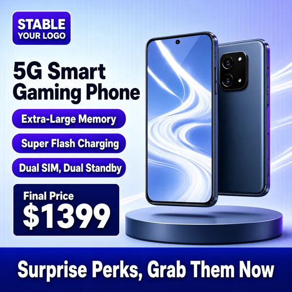 [Format]
Professional e-commerce product main image, square 1:1, sleek tech promo for a 5G gaming smartphone.

[Colors]
Soft blue-lilac gradient background (#dfe7f5 range), dark grey-blue phone body, glossy screen with white streak highlights, violet-blue pill tags (#7b5ff0), deep blue bottom banner, white text.

[Layout]
Logo chip top left, short headline on the left middle, three purple feature pills stacked below it, hero phone standing upright on a round podium at right, blue price block bottom left, wide banner along the bottom.

[Subject]
A modern smartphone shown front and back, black triple-camera module on the rear, curved edge-to-edge screen with an abstract white-flow wallpaper, floating just above a circular pedestal.

[Headline]
Left: "5G Smart Gaming Phone" in bold dark sans-serif. Purple pills: "Extra-Large Memory", "Super Flash Charging", "Dual SIM, Dual Standby". Bottom left: "Final Price $1399". Bottom banner: "Surprise Perks, Grab Them Now" in white on blue.

[Badges]
Rounded top-left chip reading "STABLE" with "YOUR LOGO"; full-width blue offer banner at the bottom.

[Mood]
Modern, energetic and performance-driven, a cutting-edge gadget drop.