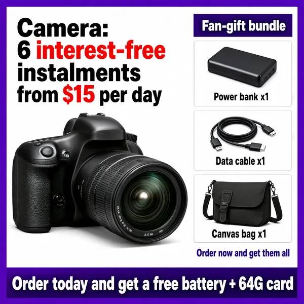 [Format]
Professional e-commerce product main image, square 1:1, deal-driven camera-bundle advertising style.
[Colors]
A white product field with a thick purple outer frame and a purple band at the bottom; a black camera; red price words; purple headers.
[Layout]
Headline top left across two lines; camera hero at the lower left; a purple-header gift column on the right with three white cards; a full-width purple strip along the bottom.
[Subject]
A black professional DSLR camera with a wide zoom lens, standing three-quarter face on white with crisp product light. No people.
[Headline]
Top left, heavy black caps: "Camera: 6 interest-free instalments" with "interest-free" in red, then "from $15 per day" with "$15" in red. Right column header on a purple slab: "Fan-gift bundle"; three white cards labelled "Power bank x1", "Data cable x1" and "Canvas bag x1"; beneath them purple bold text "Order now and get them all". Bottom purple band, white bold caps: "Order today and get a free battery + 64G card".
[Badges]
No badges; the gift cards and the bottom band carry the offer.
[Mood]
Punchy, offer-heavy and direct; white-and-purple framing with red urgency words, bundle-value retail style.