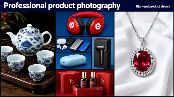 [Format]
Landscape 16:9 gig cover, glossy product-photography showcase, high-contrast studio lighting. No watermark, no personal names.

[Layout]
A wide header band in dark blue spans the top with white text. Below, an irregular grid of product photos fills the frame: a tall left panel of a tea set, then stacked tech and electronics panels, then a large right panel of jewellery. Thin dark gutters separate the cells.

[Subject]
Left: a traditional white-and-blue tea set on a dark wooden tray. Center: bright red Beats over-ear headphones with the white 'b' mark, earbuds and power banks on blue, a boxed massage gun, and a light-blue abstract device. Right: a large ruby-and-diamond pendant necklace on white fabric. Bottom center: red gift packaging with bottles.

[Headline]
The top blue band reads "Professional product photography" in white rounded sans, with a smaller descriptor on the far right.

[Badges]
None.

[Mood]
Deep blue, red, black, and silver; polished, high-end, and varied, communicating broad product capability.
