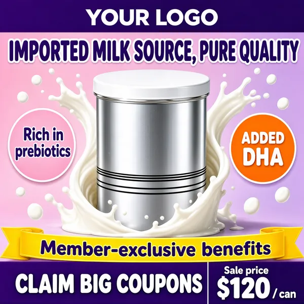 [Format]
Professional e-commerce product main image, square 1:1, creamy maternal-and-infant promo style with milky splashes and purple value bands. No watermark, no personal names.

[Colors]
Soft pink-lavender gradient background (#f2e3ef range) with white milk splashes arcing around the tin, deep purple header and footer bands (#5b3a9e range), warm yellow ribbon accents, an orange DHA badge. No frame border.

[Layout]
A purple top band with centred white logo text crowns the frame; the headline sits directly beneath on the pink ground. The silver tin dominates the centre, half wrapped in milk splash. Two circular claim badges flank the tin. The bottom quarter stacks a yellow ribbon banner, a purple coupon band and a right-aligned price block.

[Subject]
No people. A rounded silver metal milk-powder tin with a flat white lid, polished aluminium body banded by three black pinstripes, standing centre frame with dynamic white milk splashes and droplets curling around its base and shoulders, tiny sparkle highlights on the rim.

[Headline]
Top purple band: white logo lockup "YOUR LOGO". Beneath it, one line of very heavy rounded purple caps with a white outline: "IMPORTED MILK SOURCE, PURE QUALITY". Lower area: a yellow ribbon banner with purple text "Member-exclusive benefits", then a purple band with fat white caps "CLAIM BIG COUPONS", and at right a price block with small white text "Sale price" over a huge white "$120" with a "/ can" suffix.

[Badges]
Left of the tin, a soft pink circular badge with purple text "Rich in prebiotics"; right of the tin, an orange circular badge with white caps "ADDED DHA".

[Mood]
Clean, nourishing and value-forward; milk-white splashes against candy purple.