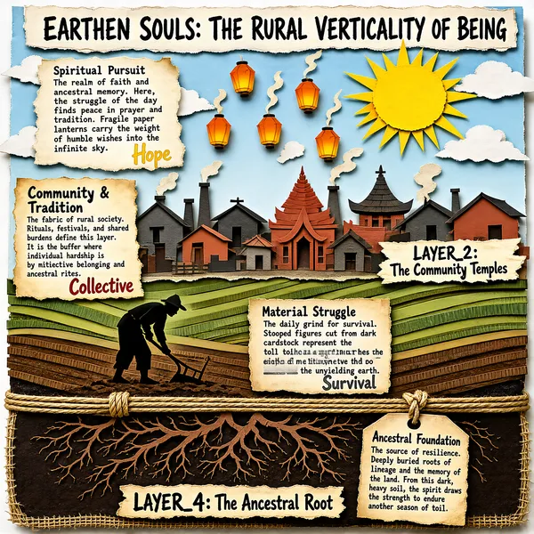 The infographic titled "EARTHEN SOULS: THE RURAL VERTICALITY OF BEING" is presented in a richly textured, three-dimensional paper-craft style, resembling a handmade collage or diorama. It uses torn-edge paper elements, layered cardstock, twine, and burlap to evoke an organic, rustic aesthetic. The composition is vertically segmented into four distinct layers, each representing a different dimension of rural existence, with corresponding visual metaphors and textual explanations. The overall layout is structured as a vertical cross-section of a rural landscape, progressing from the sky at the top to the underground roots at the bottom. Each layer is labeled with a torn-paper banner, and associated descriptive text appears on similarly styled parchment-like notes, enhancing the handcrafted feel. The background consists of a blue sky with white paper clouds, a golden sun with radiating yellow lines, and a brown earthy base wrapped with natural twine over burlap fabric. --- **Layer 1: The Celestial Canopy** - **Visuals**: The topmost section features a light blue sky with stylized white paper clouds, a bright yellow sun with spiky rays, and several glowing orange paper lanterns floating upward, emitting thin trails of smoke. - **Text Content**: - Title: "Spiritual Pursuit" - Description: "The realm of faith and ancestral memory. Here, the struggle of the day finds peace in prayer and tradition. Fragile paper lanterns carry the weight of humble wishes into the infinite sky." - Keyword: "Hope" (in yellow font) This layer symbolizes the spiritual aspirations and connection to the divine or ancestral past, with the lanterns representing hopes released into the heavens. --- **Layer 2: The Social Horizon / The Community Temples** - **Visuals**: This middle layer depicts a village skyline with silhouetted houses made from gray, red, and terracotta-colored cardstock. Some structures resemble traditional temples or communal buildings with pointed roofs. Smoke rises from chimneys, suggesting daily life and warmth. - **Text Content**: - Left Side: "Community & Tradition" - Description: "The fabric of rural society. Rituals, festivals, and shared burdens define this layer. It is the buffer where individual hardship is mitigated by collective belonging and ancestral rites." - Keyword: "Collective" (in red font) - Right Side: Label "LAYER_2: The Community Temples" (on torn paper banner) This dual-named layer emphasizes the role of community and cultural institutions as a protective and unifying force in rural life. --- **Layer 3: The Labor Layer** - **Visuals**: Below the village, rolling hills are represented using corrugated green and brown paper strips to simulate cultivated fields. A dark silhouette of a farmer bent over, plowing or tending the soil, is cut from black cardstock and placed on a furrowed brown field. - **Text Content**: - Title: "Material Struggle" - Description: "The daily grind for survival. Stooped figures cut from dark cardstock represent the physical toll of farming. This is the weight of reality, where the body meets the unyielding earth." - Keyword: "Survival" (in gray font) This layer visually and textually conveys the arduous physical labor required for subsistence farming, highlighting the human cost of rural survival. --- **Layer 4: The Ancestral Root** - **Visuals**: The bottom layer shows dark brown soil with intricate, branching roots cut from brown paper, extending horizontally beneath the surface. The entire structure is bound with natural twine, tied around the base, and a small tag hangs from it. - **Text Content**: - Tag Label: "Ancestral Foundation" - Description: "The source of resilience. Deeply buried roots of lineage and the memory of the land. From this dark, heavy soil, the spirit draws the strength to endure another season of toil." - Banner Label: "LAYER_4: The Ancestral Root" This foundational layer represents the deep-rooted heritage, lineage, and enduring connection to the land that sustains rural communities through hardship. --- **Overall Style and Design Elements**: - The infographic employs a tactile, mixed-media approach with varied textures: smooth paper, corrugated cardboard, burlap, and twine. - Typography mimics hand-lettered or typewriter-style fonts, adding to the artisanal quality. - Color palette includes earth tones (browns, greens, ochres), sky blues, and warm yellows, reinforcing the natural and agrarian theme. - Visual hierarchy is established through vertical stacking, with larger, more prominent elements at the top (sky) and smaller, embedded details at the bottom (roots). - All textual content is preserved verbatim, including keywords highlighted in specific colors for emphasis. The infographic functions as both a visual narrative and a conceptual model, illustrating how rural identity is built upon a vertical stack of spiritual, social, physical, and ancestral foundations. It invites reflection on the interconnectedness of these layers in shaping the resilience and essence of rural life.