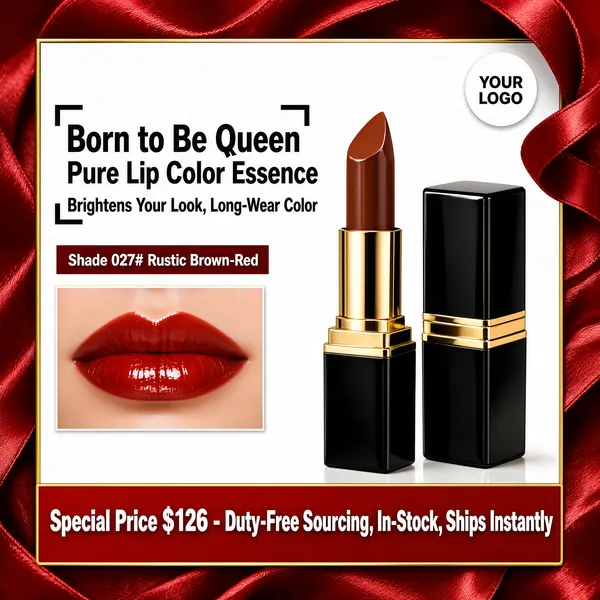 [Format]
Professional e-commerce product main image, square 1:1, bold luxury lipstick style with a lacquered red frame.

[Colors]
Deep red satin ribbon background at the outer edges (#a31220); a white inner card; black-and-gold lipsticks; a curling red ribbon accent at the top-right; a red price band along the bottom.

[Layout]
The white inner panel carries a brand chip top-left and a YOUR LOGO placeholder top-right; the headline block sits upper-left with a shade swatch inset below it; the two lipstick shots fill the centre-right; a red banner crosses the bottom edge.

[Subject]
A black squared lipstick case with a gold band, one tube open showing a tall brownish-red bullet with a sculpted slanted tip, the other capped and standing beside it; a small inset photo of glossy red-painted fair-skinned lips beside the shade tag. No other people.

[Headline]
"Born to Be Queen" in heavy black type with corner brackets, "Pure Lip Color Essence" beneath; sub-line "Brightens Your Look, Long-Wear Color"; red swatch tag: "Shade 027# Rustic Brown-Red"; bottom band: "Special Price $126 - Duty-Free Sourcing, In-Stock, Ships Instantly".

[Badges]
White circular chips with the brand mark and a YOUR LOGO placeholder at the top.

[Mood]
Confident, luxe and gift-ready; lacquered reds framing a gold-trimmed classic.