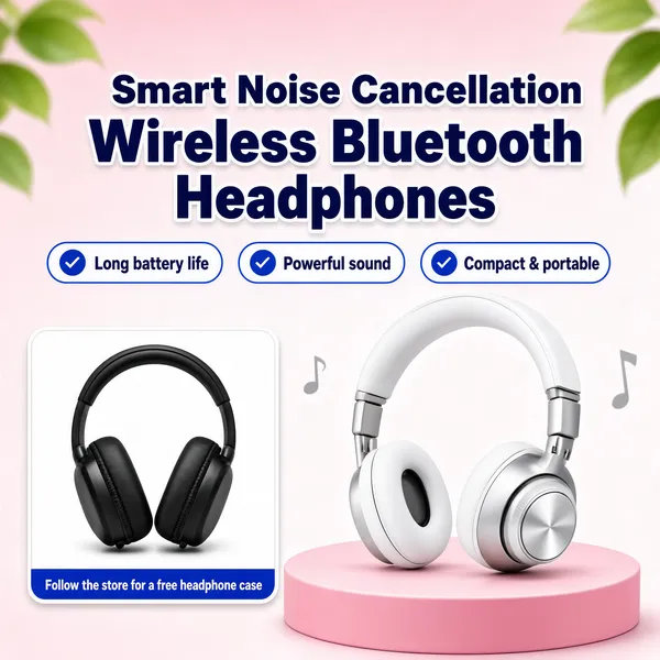 [Format]
Professional e-commerce product main image, square 1:1, fresh pastel tech-promo style with soft pink gradients and floating music notes.

[Colors]
Pale pink-to-white gradient background (#f7d9e0 range) with softly blurred green leaves intruding at the top corners; the hero headphone supplies white and silver; dark-blue display type with blue outline pills; a pink circular podium anchors the lower right.

[Layout]
Top third: the headline stacked and centred, with three blue check-pills in a row beneath it. Lower right: the hero headphones standing on the round pink podium. Lower left: a white inset card with rounded corners holding a second headphone photo and a blue caption bar.

[Subject]
Lower right: a white and silver on-ear wireless Bluetooth headphone with folding hinges and a circular multi-function dial on the earcup, standing upright at a three-quarter angle on the pink podium, soft even studio light, crisp product rendering with faint grey music notes drifting behind. Lower left: the inset card shows a black over-ear headphone photographed straight-on. No people.

[Headline]
Top centre: "Smart Noise Cancellation" in bold dark-blue caps, then "Wireless Bluetooth Headphones" in even heavier dark-blue caps with a white outline. Three rounded outline pills with blue check icons: "Long battery life", "Powerful sound" and "Compact & portable". On the inset card's blue bar: "Follow the store for a free headphone case" in white.

[Badges]
The three blue check-pills.

[Mood]
Light, youthful and clean; pastel pink freshness with crisp gadget rendering and tidy benefit pills.