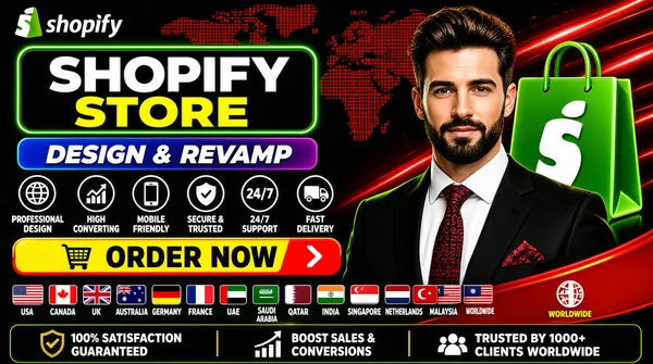 [Format]
Professional Fiverr gig cover, landscape 16:9 banner. Bold dark e-commerce advertising style with a neon-green slatted title and a global-delivery theme. High-energy, glossy and high-trust. No watermark, no personal names.

[Layout]
A near-black ground overlaid with a dark red dotted world-map pattern spread across the upper half and bright red diagonal light streaks slicing across the right side. The left two-thirds stack the headline, a feature grid, an order bar and a flag strip; the subject occupies the right third and bleeds off the bottom-right edge.

[Subject]
Right third, cropped at the chest: a white / Caucasian man with dark hair swept up, a full trimmed beard, a calm confident expression, wearing a black suit with a crisp white shirt, a deep-red patterned tie and a matching patterned pocket square. Cool studio light, sharp focus, looking straight at the camera.

[Headline]
Upper left: the "shopify" lockup - the green shopping-bag glyph beside the white wordmark; beneath it "SHOPIFY" and "STORE" in very heavy caps, "SHOPIFY" in white above "STORE" in bright yellow, both set inside a dark rounded panel with a glowing green outline. Below them, a blue-purple rounded slab carries "DESIGN & REVAMP" in bold white italic caps.

[Badges]
Under the headline slab, a row of six circular icon-and-label items in white caps: a paintbrush icon for "PROFESSIONAL DESIGN", a bar-chart icon for "HIGH CONVERTING", a phone icon for "MOBILE FRIENDLY", a shield-check icon for "SECURE & TRUSTED", a headset icon for "24/7 SUPPORT" and a truck icon for "FAST DELIVERY". Below the order bar, a horizontal strip of fifteen small country flags with labels: "USA", "CANADA", "UK", "AUSTRALIA", "GERMANY", "FRANCE", "UAE", "SAUDI ARABIA", "QATAR", "INDIA", "SINGAPORE", "NETHERLANDS", "TURKEY", "MALAYSIA" and "WORLDWIDE". Along the very bottom, a bar holds three trust items: a gold medal icon with "100% SATISFACTION GUARANTEED", a rocket icon with "BOOST SALES & CONVERSIONS" and a shield-check icon with "TRUSTED BY 1000+ CLIENTS WORLDWIDE".

[Graphic accents]
A large glossy green Shopify shopping-bag glyph at the right edge behind the subject, a red ribbon sweeping across the lower right, and a bright yellow-and-red "ORDER NOW" bar with a shopping-cart icon and a chevron arrow above the flag strip.

[Mood]
Bold, global and sales-driven; near-black with a red map-and-streak pattern, neon-green slatted type and a full wall of trust badges.