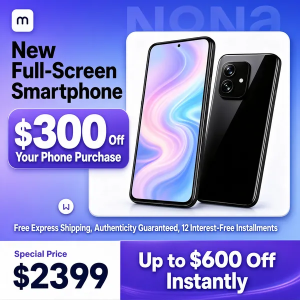 [Format] Professional e-commerce product main image, square 1:1, glossy smartphone promo with layered gradient design. [Colors] Background of violet-blue gradient (#7f7fe8 to #b7b3f2) with faint oversized watermark lettering, a floating white rounded card behind the phones, primary accents of iridescent pastel screen swirl, black phone body, lavender and white type blocks. No frame border. [Layout] White logo chip with brand line top left; navy title sits upper left; a lavender rounded banner with white text and a large numeral sits mid-left above a small circular scroll hint; two phones angle side by side center-right; a fine white assurance line runs beneath the phones; the bottom quarter splits a white price block on the left and a violet savings bar on the right. [Subject] A modern black smartphone shown front and back, the front lit with a dreamy pastel gradient wallpaper, the back revealing dual cameras and a glossy black glass finish. [Headline] Navy title 'New Full-Screen Smartphone' in bold; lavender banner reads '$300 Off Your Phone Purchase'; assurance line states 'Free Express Shipping, Authenticity Guaranteed, 12 Interest-Free Installments'; bottom shows 'Special Price RMB 2399' as '$2399' and 'Up to $600 Off Instantly' in white on violet. [Mood] Sleek, upbeat and deal-charged, pure flagship-launch energy.