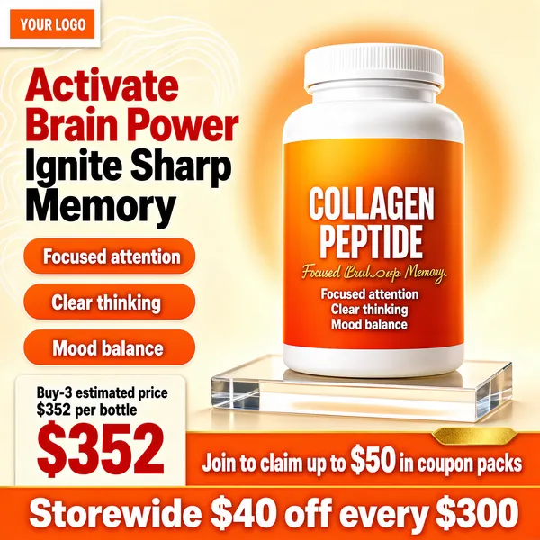 [Format]
Professional e-commerce product main image, square 1:1, bright energetic supplement advertising style with an orange-and-cream palette.

[Colors]
A warm cream background (#fdf3e6 range) with a soft apricot glow behind the bottle and faint white contour lines top-left; orange is the dominant accent across pills, price blocks and the bottle label. No frame border.

[Layout]
A slim white logo bar across the top-left. A two-line red-and-black headline stack on the left, followed by three orange check pills. The white supplement bottle stands right of centre on a translucent acrylic riser, cropped warmly. An orange band with a gold note runs at the lower right; the bottom strip holds a cream price card on the left and a long orange discount bar on the right.

[Subject]
A white cylindrical supplement bottle with a white cap, wrapped in a vivid orange gradient label reading "COLLAGEN PEPTIDE" with small English benefit lines and a gold sub-line in another script, standing on a clear acrylic block, clean studio lighting with a warm rim.

[Headline]
Left stack: "Activate Brain Power" in heavy red characters, then "Ignite Sharp Memory" in black. Three orange pills with white check text: "Focused attention", "Clear thinking", "Mood balance". Bottom-left cream card: "Buy-3 estimated price $352 per bottle" with "$352" oversized in red. Lower-right orange bar: "Join to claim up to $50 in coupon packs". Bottom bar: "Storewide $40 off every $300" in white on orange.

[Badges]
A small orange "YOUR LOGO" tag at the top-left.

[Mood]
Bright, motivating and supplement-forward; warm apricot light with assertive orange accents, health-energy vibe at thumbnail size.