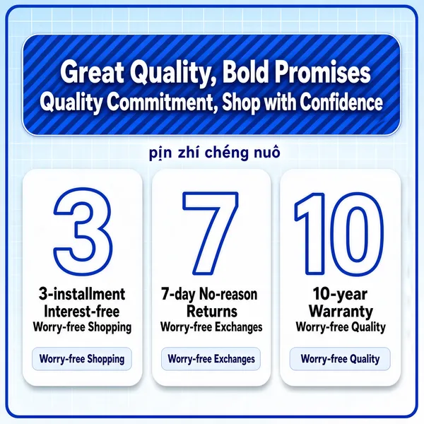 [Format]
Professional e-commerce service-guarantee main image, square 1:1, clean trustworthy blue infographic layout.

[Colors]
Background light blue grid (#eef4fb) fading to white, primary accent royal blue (#1f5fc4), secondary white cards with soft shadows, blue diagonal-striped header panel, rounded outer frame with a subtle blue border.

[Layout]
Top third holds a wide blue striped banner with the main slogan and sub-slogan; below, a row of three tall white rounded cards, each with a giant outlined number, a caption line, and a small footer tag; a tiny pinyin-style subtitle sits under the banner.

[Subject]
No physical product; an all-typography guarantee poster built from three uniform white service cards with oversized numerals.

[Headline]
Blue banner in bold white: "Great Quality, Bold Promises" with subline "Quality Commitment, Shop with Confidence". Card one: giant "3" with "3-installment Interest-free" and "Worry-free Shopping". Card two: giant "7" with "7-day No-reason Returns" and "Worry-free Exchanges". Card three: giant "10" with "10-year Warranty" and "Worry-free Quality".

[Badges]
Striped headline banner, three numbered service cards with footer tags; no price element.

[Mood]
Reassuring and orderly, radiating dependable after-sales confidence.