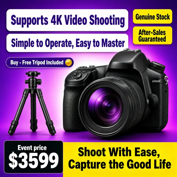 [Format]
Professional e-commerce product main image, square 1:1, vibrant creator-camera promo style on a purple gradient with white title slabs and yellow trust tags.

[Colors]
Background is a violet-to-magenta gradient in the #8a4fd0 range, glowing lighter behind the product and deepening at the corners. Accents are matte black camera texture, white title slabs, sunny yellow corner tags and a yellow footer band, plus a small purple pill badge. No frame border.

[Layout]
The top carries two stacked white rounded slabs with the main copy, and two yellow corner tags at the top right. A small purple pill with a yellow seal sits mid-left above a small tripod photo. The DSLR fills the centre-right at a three-quarter angle. The bottom holds a dark price block left and a yellow band right.

[Subject]
A black digital SLR camera with a textured rubber grip, a top-mounted mode dial and hot shoe, and a large prime lens with a wide glass front element catching purple reflections, angled toward the viewer; a compact black aluminium tripod stands beside it at the left. No people.

[Headline]
Top white slabs in heavy purple caps: "Supports 4K Video Shooting" then "Simple to Operate, Easy to Master". Yellow corner tags: "Genuine Stock" and "After-Sales Guaranteed". Purple pill: "Buy - Free Tripod Included" in white with a gold seal dot. Bottom-left dark block: "Event price" small above a giant white "$3599" with a tiny currency mark. Bottom yellow band: "Shoot With Ease, Capture the Good Life" in bold dark caps.

[Mood]
Playful yet spec-serious; violet glow stage, tactile black camera presence and yellow value tags built for quick thumbnail reading.