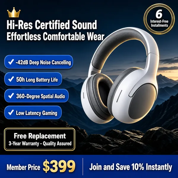 [Format] Professional e-commerce product main image, square 1:1, dramatic outdoor-tech style. [Colors] Deep slate-blue dusk mountains (#33465e), white and grey headphones, bold white headline with a gold crown accent, blue check pills (#2f6fd0), a gold-bordered box, a blue footer band (#1f5fbf) and gold price numerals. [Layout] The headphones float large at right tilted in three-quarter view; a two-line headline spans the top left with a small crown; four blue check pills descend the left; a gold-framed guarantee box sits low left; a bottom band carries member price and offer. [Subject] Premium over-ear headphones with white cups, a grey cushioned headband pad and matte detailing, hovering above a dark rocky landscape at twilight. [Headline] Hi-Res Certified Sound, Effortless Comfortable Wear in bold white; blue pills read -42dB Deep Noise Cancelling, 50h Long Battery Life, 360-Degree Spatial Audio and Low Latency Gaming; the footer shows Member Price $399 and Join and Save 10% Instantly. [Badges] A gold ring badge at top right notes 6 Interest-Free Installments; a gold-bordered box states Free Replacement, 3-Year Warranty - Quality Assured. [Mood] Immersive, premium and adventure-ready with cinematic dusk tones.