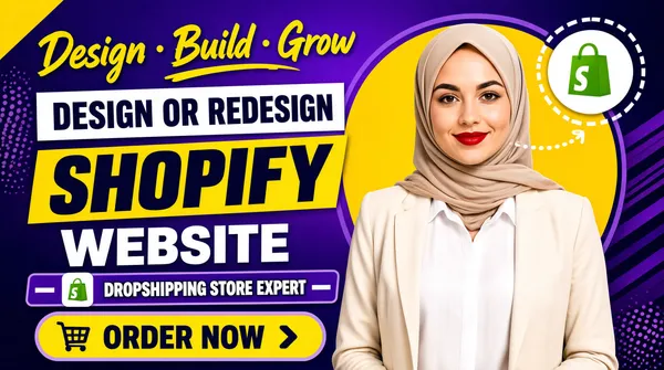 [Format]
Professional Fiverr gig cover, landscape 16:9 banner. Bold, high-energy e-commerce advertising style in saturated purple and yellow. No watermark, no personal names.

[Layout]
A rich purple gradient background, lighter violet behind the centre and deepening to near-black indigo at the corners, textured with darker diagonal stripe bands across the right half and fine halftone dot clusters in the corners. A small yellow quarter-round shape caps the top-left corner. The left two-thirds carry the typography stack; the subject occupies the right third in front of a large yellow circle ringed with purple.

[Subject]
Right side, waist-up cut-out against the yellow circle: a young white / Caucasian woman wearing a soft beige hijab and a white collared shirt under a light cream blazer, red lipstick, warm confident expression, looking straight at the camera. No text or watermark on the subject.

[Headline]
Stacked on the left: a handwritten yellow script line "Design · Build · Grow" with a small swoosh underline; then "DESIGN OR REDESIGN" in heavy dark navy caps set on a white slab; then "SHOPIFY" in very heavy dark navy italic condensed caps on a bright yellow slab tilted a few degrees; then "WEBSITE" in very heavy white caps directly on the purple. Below, a rounded purple bar outlined in light purple holds a white rounded tile with the green Shopify bag mark, then "DROPSHIPPING STORE EXPERT" in bold white caps flanked by short dashes. At the bottom, a wide yellow rounded pill button with a dark navy circle containing a white shopping-cart icon, "ORDER NOW" in heavy dark navy caps and a right chevron.

[Badges]
Top-right, beside the subject's head: the Shopify green shopping-bag logo in a white circle surrounded by a dashed ring, with a small dotted swirl arrow curving toward it.

[Graphic accents]
Faint halftone dot grids in the top-left, mid-left and lower-right corners, plus subtle darker purple diagonal ribbons crossing the right background.

[Mood]
Energetic, confident and commerce-led; saturated violet with a bold yellow slab and circle, glossy display type, extremely readable at thumbnail size.