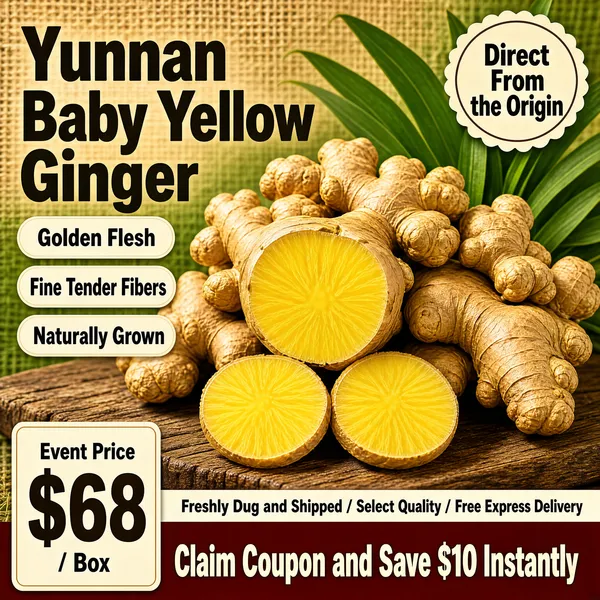 [Format]
Professional e-commerce product main image, square 1:1, earthy farm-direct promo style built around a close-up of fresh ginger.

[Colors]
The background is a warm rustic blend of burlap tan and soft field green (#c9a86a range); the ginger skin is warm khaki-gold (#c9a24a) and the cut flesh bright buttercup yellow (#f0d060); the headline is dark charcoal-brown; the bottom price block is cream; the bottom-right band is deep brown-red (#8a4020) with cream type. No frame border.

[Layout]
The big two-line headline sits in the upper left; a cream scalloped seal hugs the top-right corner; three stacked benefit pills run down the left edge; a pile of ginger roots fills the centre and right with one root cut open facing the viewer and thin slices in front; the bottom quarter splits into a cream price tag at the left and a brown claims band above a final discount line.

[Subject]
No people. A cluster of plump baby yellow ginger roots with papery golden-tan skin and knobby lobes, one large root sliced open to reveal dense, juicy bright-yellow flesh; two thin round slices lean against the pile on a rough wooden board, with soft green ginger leaves behind and warm directional light raking the textures.

[Headline]
Upper left in very heavy dark display type on two lines: "Yunnan Baby Yellow Ginger". Left pills in dark type on cream: "Golden Flesh", "Fine Tender Fibers", "Naturally Grown". Bottom-left tag: "Event Price" above a giant "$68" with "/ Box". Small strip: "Freshly Dug and Shipped / Select Quality / Free Express Delivery". Bottom brown band in bold cream type: "Claim Coupon and Save $10 Instantly".

[Badges]
Top-right cream scalloped seal reads "Direct From the Origin".

[Mood]
Rustic, pungent and trustworthy; earthy harvest warmth with a confident farm-fresh offer.