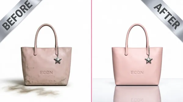 [Format]
Landscape 16:9 gig cover, e-commerce product before/after retouch comparison. Clean catalogue finish on white. No watermark, no personal names.

[Layout]
A crisp vertical split into two equal 50/50 panels, divided by a thin pink vertical rule. A white seamless studio backdrop fills both sides with a faint soft shadow pool. On the left panel a pale pink tote stands with dull, uneven lighting and a slight smudge of floor shadow; on the right the same bag is cut clean, evenly lit, with a soft mirror reflection directly beneath it. A diagonal ribbon banner crosses each top-outer corner — a corner ribbon cropped by the top-left frame on the left panel and a matching one cropped by the top-right frame on the right panel, each tilted about 45 degrees. The bag sits centred in each panel, occupying roughly the middle half of the tile.

[Subject]
A pale pink leather tote handbag with two slim top handles, a silver star charm on a fine chain hanging from one handle, and a small embossed brand line low on the front face rendered as a short neutral placeholder of similar length. The bag is upright, shot straight on, the handle loop rising above the body and the base resting on the reflective floor. The left version is flat and slightly grubby; the right version is spotless with a glossy reflection.

[Headline]
Two short labels only: 'BEFORE' in bold gray caps set across the left diagonal ribbon, and 'AFTER' in the same bold gray caps across the right diagonal ribbon. The ribbons are pale grey-silver with a soft sheen. No other text.

[Badges]
none.

[Mood]
Blush pink on white with silver-grey ribbons; bright, minimal, retail-clean. The fat Before/After ribbons and the split bag make the concept obvious at thumbnail size.
