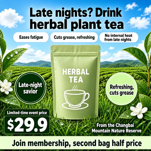 [Format]
Professional e-commerce product main image, square 1:1, natural wellness style set in an open tea field.

[Colors]
Bright blue sky with white clouds above a fresh green tea-field horizon; a pale-green matte pouch; white pill badges; grass-green foliage accents; no frame border.

[Layout]
Headline top-centre; three soft pills in a row beneath it; the pouch standing centre-frame in the grass; two round green badges flanking left and right; a price block bottom-left; a light banner strip across the bottom.

[Subject]
A stand-up resealable kraft-green pouch of herbal plant tea printed with "HERBAL TEA" in white caps and a line-art teacup motif, standing in dewy grass with tea leaves and white jasmine blossoms framing the edges. No people.

[Headline]
"Late nights? Drink herbal plant tea" in heavy black. Pills: "Eases fatigue", "Cuts grease, refreshing", "No internal heat from late nights". Price: "Limited-time event price" over a giant white "$29.9".

[Badges]
A dark-green round badge "Late-night savior" on the left and a lighter green round badge "Refreshing, cuts grease" on the right; a bottom-right note "From the Changbai Mountain Nature Reserve" and a banner "Join membership, second bag half price".

[Mood]
Fresh, outdoorsy and soothing; meadow daylight with gentle wellness promises.