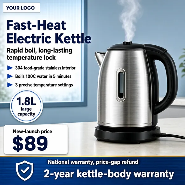 [Format]
Professional e-commerce product main image, square 1:1, bright home-appliance advertising style with a cool steel-and-blue palette.

[Colors]
A soft blue-grey background (#c3d3e2 range) with a window-like panel on the left; brushed stainless steel kettle with a black handle; deep blue headline type and blue arrow bullets; a blue bottom band with white and gold accents. No frame border.

[Layout]
A slim white logo bar top-left. A two-line blue headline stack sits upper left, followed by three blue arrow bullet rows and a white circular capacity seal. The steel kettle stands centre-right on a pale counter, a wisp of steam rising from its lid. The bottom quarter stacks a white price card on the left, a warranty line and a blue band with a quality claim.

[Subject]
A stainless steel electric kettle with a mirror-brushed body, black ergonomic handle and a black lid with a steam vent, sitting on its power base with a faint curl of steam; cool window light with soft reflections on the steel.

[Headline]
Blue stack: "Fast-Heat Electric Kettle" then "Rapid boil, long-lasting temperature lock". Arrow bullets: "304 food-grade stainless interior", "Boils 100C water in 5 minutes", "3 precise temperature settings". White circle seal: "1.8L large capacity". Bottom-left card: "New-launch price $89" with "$89" huge in blue. Band: "National warranty, price-gap refund" and a shield icon line reading "2-year kettle-body warranty" in white on blue.

[Badges]
Small blue "YOUR LOGO" tag top-left; shield warranty icon in the bottom band.

[Mood]
Clean, efficient and dependable; cool blue light on brushed steel, no-fuss kitchen utility at thumbnail size.
