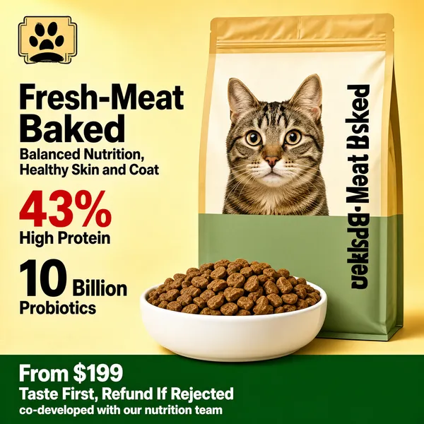 [Format] Professional e-commerce product main image, square 1:1, warm minimal pet-nutrition style. [Colors] Cream-yellow backdrop glowing softly #f2e3b6 with a warm light wash, kraft-yellow packaging #e8c46a with sage-green base, bold black headline type, red and black accent numbers, a green bottom band #4a7a3a, no frame border. [Layout] Logo chip top-left, headline block on the upper left with a stat column beneath it, the food bag standing center-right with a kibble bowl in front, and a wide green banner across the bottom. [Subject] A tall resealable cat-food bag with a cream upper half printed with bold vertical brand letters and a wide-eyed tabby cat portrait, transitioning to a sage-green lower panel with nutrition facts; a white bowl of brown kibble sits before it. [Headline] Fresh-Meat Baked in heavy black characters with Balanced Nutrition, Healthy Skin and Coat beneath; stats read 43% High Protein and 10 Billion Probiotics; the green band gives From $199 and the promise Taste First, Refund If Rejected, co-developed with our nutrition team. [Badges] No separate seal badges; the stat blocks and band copy carry the claims. [Mood] Wholesome, warm and ingredient-proud, styled like a premium pantry staple.