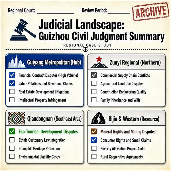 This infographic, titled "Judicial Landscape: Guizhou Civil Judgment Summary," presents a regional case study of civil litigation patterns across four distinct areas of Guizhou Province, China. The overall design mimics an archival document, featuring a vintage-style "ARCHIVE stamp" in the top-right corner and a gavel icon beside the title, reinforcing its judicial theme. The layout is structured into a 2x2 grid of four rectangular panels, each representing a different region, with consistent visual styling including rounded corners, drop shadows, and icons for thematic representation. At the top, two blank fields are provided for user input: "Regional Court:" and "Review Period:", suggesting the infographic is a template or report form. The main title is bold and large, followed by the subtitle "REGIONAL CASE STUDY" in uppercase, centered beneath a horizontal dashed line flanked by a small justice scale icon. Each regional panel includes: - A header with a unique icon and region name. - A list of civil case types, each preceded by a checkbox (checked or unchecked) to indicate prevalence or focus. - Textual content with specific legal dispute categories, some highlighted in color for emphasis. The four regions and their respective data are as follows: **1. Guiyang Metropolitan (Hub)** Icon: City skyline silhouette Color scheme: Blue border and header background Checked items (indicating high volume or focus): - Financial Contract Disputes (High Volume) - Labor Relations and Severance Claims Unchecked items: - Real Estate Development Litigations - Intellectual Property Infringement **2. Zunyi Regional (Northern)** Icon: Red star on a mountain base Color scheme: Gray border and header background Checked item: - Commercial Supply Chain Conflicts Unchecked items: - Agricultural Land Use Disputes - Construction Engineering Quality - Family Inheritance and Wills **3. Qiandongnan (Southeast Area)** Icon: Geometric pattern resembling traditional ethnic weaving or architecture Color scheme: Gray border and header background Checked item: - Eco-Tourism Development Disputes (text highlighted in green) Unchecked items: - Ethnic Customary Law Integration - Intangible Heritage Protection - Environmental Liability Cases **4. Bijie & Western (Resource)** Icon: Rock with lightning bolt (symbolizing minerals or energy) Color scheme: Gray border and header background Checked items: - Mineral Rights and Mining Disputes (text highlighted in brown) - Consumer Rights and Small Claims (checkbox filled blue) Unchecked items: - Poverty Alleviation Project Audit - Rural Cooperative Agreements The visual encoding uses checkboxes (filled or empty) to denote active or prominent case types within each region. Color highlights (blue, green, brown) emphasize key categories, likely indicating particular significance or volume. The use of icons aids quick recognition of each region’s economic or cultural focus (urban hub, northern region, southeast ethnic area, resource-rich zone). This infographic serves as a comparative analysis tool, enabling stakeholders to understand the geographic distribution and nature of civil disputes in Guizhou, potentially informing policy, legal strategy, or judicial resource allocation. The design is clean, professional, and highly organized, prioritizing clarity and ease of interpretation through visual hierarchy and thematic consistency.