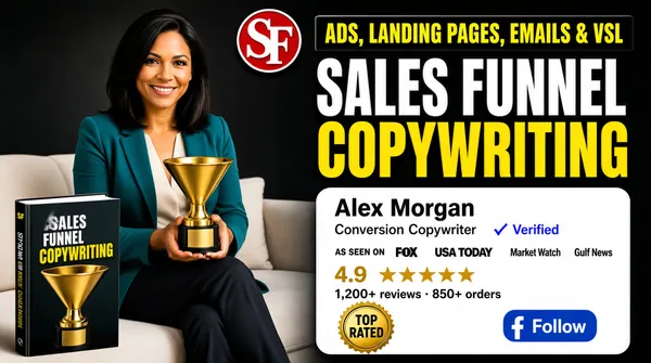 [Format]
Landscape 16:9 gig cover, high-impact marketing photography with clean graphic overlays. Crisp finish, thumbnail-ready contrast. No watermark, no personal names.

[Layout]
The left third is occupied by a seated woman holding a small golden funnel trophy; the right two-thirds is a stacked type and badge panel against a dark background. A small circular red-and-white monogram badge sits at the top center-left. The headline is stacked in two oversized lines that dominate the upper-right. Below the headline, a white rounded profile-card plate holds trust badges, ratings and order metrics near the lower right. A book mockup appears at the bottom left in front of the subject.

[Subject]
A woman with dark shoulder-length hair, wearing a teal blazer over a light top and dark trousers, seated on a light sofa and smiling toward the camera while holding a small gold funnel award with both hands. She is framed from the knees up, lit by soft natural light from the left.

[Headline]
Top banner in yellow condensed sans capitals reads "ADS, LANDING PAGES, EMAILS & VSL". Below it, an extra-bold white sans line says "SALES FUNNEL" with subtle dark shadow, then a heavy yellow sans line reads "COPYWRITING". The profile card below contains a generic professional name in bold dark text, subtitle lines in smaller grey sans, a blue verified checkmark, an "AS SEEN ON" label, media logos, "4.9" with five stars, review and order counts, and a gold seal.

[Badges]
A red-and-white circular monogram badge at upper left; a blue verified checkmark on the profile card; FOX, USA TODAY, Market Watch and Gulf News media logos in the "AS SEEN ON" row; a gold "TOP RATED" seal; a small Facebook follow badge at the lower right of the card.

[Mood]
Dark charcoal background with high-contrast white and yellow type, warm skin tones and gold accents. The palette reads as premium and credible at thumbnail size, with the large headline grabbing attention first.