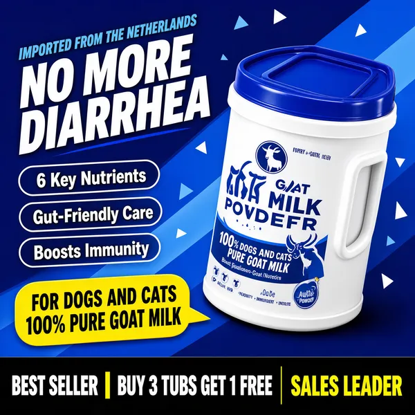 [Format] Professional e-commerce product main image, square 1:1, dynamic diagonal promo style. [Colors] A deep royal-blue background (#1f4fbf) with lighter diagonal wave bands (#3f74e0), a white canister with a cobalt lid, white outlined pills, a yellow speech bubble (#f7d21e) and a black footer with yellow highlights. [Layout] The canister leans on the right against the blue diagonal; a two-line headline sweeps across the upper left in blue and white; outlined pills sit mid-left; a yellow speech bubble and a black footer stack along the bottom. [Subject] A large white milk powder tub with a blue flip-top lid and a side handle, photographed against layered blue geometry with small floating triangle confetti. A subtle shadow beneath the tub and crisp edge highlights give the package dimension against the energetic layered blue diagonals. [Headline] Imported from the Netherlands in blue italic caps above No More Diarrhea in white; outline pills read 6 Key Nutrients, Gut-Friendly Care and Boosts Immunity; a yellow speech bubble declares For Dogs and Cats, 100% Pure Goat Milk; the footer reads Best Seller | Buy 3 Tubs Get 1 Free with Sales Leader highlighted in yellow. [Mood] Bold, confident and vet-trusted with punchy blue energy.