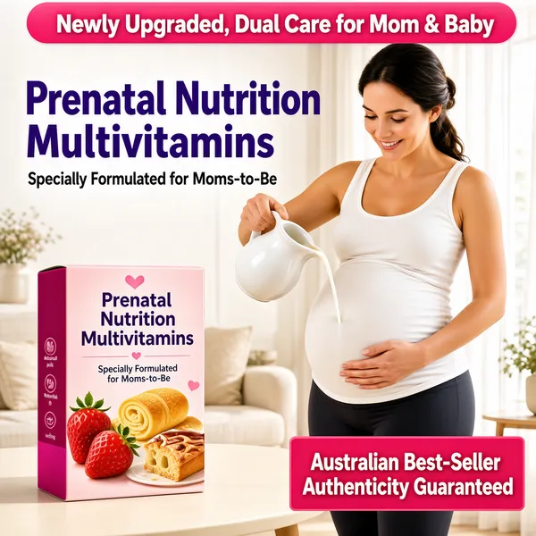[Format]
Professional e-commerce product main image, square 1:1, warm maternal-nutrition style with soft daylight lifestyle photography.

[Colors]
Background is a bright airy living room in soft whites and warm beige with sheer daylight from the right; the headline is deep violet-purple; a pink rounded pill banner tops the frame; the product box is blush pink with magenta side panels; the lower-right claim box is pink with bold white type. No frame border.

[Layout]
A pink rounded banner spans the very top edge; the headline block sits in the upper-left; the product box rests on a pale table at the lower-left; the expectant mother stands at the right pouring milk, cropped at the knees; a pink claim box anchors the lower-right corner.

[Subject]
A smiling white / Caucasian expectant mother with dark hair pulled back, wearing a white sleeveless nursing tank over dark leggings, gently pouring milk from a white jug with one hand cradling her belly, bathed in soft natural window light. In the lower-left, a blush-pink carton of prenatal multivitamins printed with fresh strawberries, golden sponge rolls and a slice of pastry, with magenta side panels.

[Headline]
Top pink pill in white: "Newly Upgraded, Dual Care for Mom & Baby". Main headline in bold violet-purple on two lines: "Prenatal Nutrition" and "Multivitamins". A smaller dark line beneath: "Specially Formulated for Moms-to-Be". Lower-right pink box in bold white: "Australian Best-Seller" and "Authenticity Guaranteed".

[Mood]
Tender, nourishing and reassuring; bright maternal warmth paired with friendly promo colour.