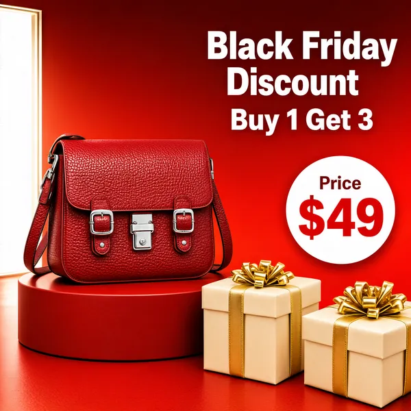[Format]
Professional e-commerce product main image, square 1:1, festive Black Friday retail style in warm reds.

[Colors]
Background a red gradient scene (#c0392b to #e74c3c) with a glowing white doorway at the left edge; accents a crimson pebbled-leather bag, a cream gift box with gold bow, and clean white type. No frame border.

[Layout]
The headline block sits in the upper right; the bag rests on a round red pedestal at the centre-left; a round white price badge floats at the right; a wrapped gift with a gold bow anchors the bottom right corner.

[Subject]
No people. A red pebbled-leather flap crossbody bag with two silver buckles, a silver clasp and a long adjustable strap, presented on a circular pedestal beside a cream gift box topped with a gold ribbon bow, lit like a shop-window display.

[Headline]
Top right in huge white bold caps on two lines: "Black Friday Discount"; beneath it "Buy 1 Get 3" in white; the round white badge reads "Price" small over "$49" in large red numerals.

[Badges]
The circular white price badge is the only mark.

[Mood]
Warm, promotional and gift-ready; layered reds with soft glow and a confident English offer.