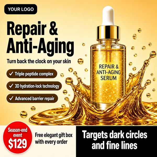 [Format]
Professional e-commerce product main image, square 1:1, luxurious golden serum advertising style with rich metallic splash energy.

[Colors]
Background is warm champagne-gold (#e8c88a) deepening toward a liquid-gold splash at the bottom; primary accents are black headline type and amber-brown check pills. No frame border.

[Layout]
Top-left: a black rounded logo chip reading "YOUR LOGO". Left column: two headline lines, then three stacked dark-tan check pills. Centre-right: the dropper bottle rising out of a golden oil splash. Bottom: a pale band with a gift offer and a red price burst bottom-left; bottom-right a large black strip of text.

[Subject]
A clear glass serum bottle filled with shimmering golden liquid flecked with fine sparkles, topped with a white dropper cap and a gold collar, a gold-lettered label on the front; it stands amid a dynamic splash of glossy golden oil with droplets suspended mid-air.

[Headline]
Left column: "Repair & Anti-Aging" in very heavy black display caps, then "Turn back the clock on your skin" in smaller black bold. Beneath, three rounded brown pills with white checked text: "Triple peptide complex", "3D hydration-lock technology", "Advanced barrier repair". Bottom band: white strip with black text "Free elegant gift box with every order", a red circular burst "Season-end event $129", and heavy black caps "Targets dark circles and fine lines".

[Badges]
No badge row; the red price burst and black logo chip carry the trust cues.

[Mood]
Opulent, potent and premium; molten gold everywhere with sharp black contrast type.