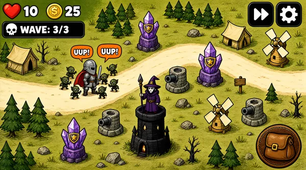 [Format]
Landscape 16:9 gig cover, a single full-bleed screenshot of a 2D cartoon tower-defense game in flat hand-drawn storybook art. Clean game-capture finish, no poster elements. No watermark, no personal names.

[Layout]
One unbroken gameplay scene fills the frame with no overlay panels: a top-down stylised battlefield in muted olive and khaki tones. A pale sand path snakes in from the left edge, curves through the centre and exits right. Scattered across the field: purple crystal towers with gold emblems, grey stone cannon towers, tan windmills with rotating sails, dark twisted dead trees, clusters of triangular pines, small beige tents, rocks, signposts and a few skeleton props. A cartoon knight with a red cape and grey helm stands on the path at mid-left, tiny enemy units around his feet and two small orange "UUP! UUP!" speech bubbles above them; a wizard figure stands on a black tower low-centre. Top-left corner: a HUD cluster with a red heart icon and the number 10, a gold coin and 25, a yellow plus tile, and beneath them a white skull icon beside a bar reading the wave count. Top-right corner: two dark rounded-square buttons with a fast-forward and a gear icon. Bottom-right corner: a large circular brown-leather bag button.

[Subject]
none — gameplay scene only.

[Headline]
no headline; the only text is in-game HUD copy — the numerals "10" and "25", "WAVE: 3/3", and the tiny speech-bubble text — set in a chunky white game font with dark outlines.

[Badges]
none — HUD icons only: heart, coin, plus, skull, fast-forward, gear and the leather inventory-bag button.

[Mood]
Olive green, khaki and muted purple with red and gold accents; cosy mid-core mobile-game feel; at thumbnail size it reads as an authentic gameplay capture rather than a designed poster.