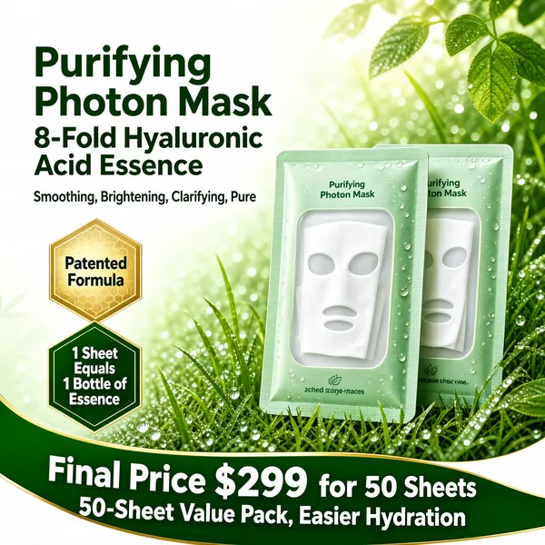 [Format] Professional e-commerce product main image, square 1:1, botanical skincare style with dewy freshness. [Colors] Lush green scene of blurred grass and leaves #8cc63f fading to soft white, mint-green sachets #cfe8c8, deep green headline type #2e7d32, white and green bottom band, gold hexagon accents, no frame border. [Layout] Headline stacked in the upper left with a four-word benefit line below, two hexagon badges on the mid-left, two mask sachets standing upright on the right, and a curved green price ribbon sweeping across the bottom. [Subject] Two translucent sage-green sheet-mask sachets with frosted windows showing folded masks inside, standing among blurred meadow grass and sparkling dew with sunlit leaves above. [Headline] Purifying Photon Mask, 8-Fold Hyaluronic Acid Essence in bold green characters; a slim line lists Smoothing, Brightening, Clarifying, Pure; the green ribbon gives Final Price $299 for 50 Sheets and the note 50-Sheet Value Pack, Easier Hydration. [Badges] Two hexagon medallions: a gold one reading Patented Formula and a green one reading 1 Sheet Equals 1 Bottle of Essence. [Mood] Fresh, spa-like and botanical, radiating clean hydration and gentle efficacy.