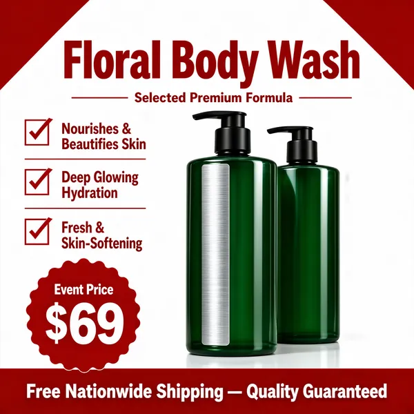 [Format]
Professional e-commerce product main image, square 1:1, bold red-frame body-wash advertising style with a clean white core and punchy checklist type.

[Colors]
Bright white central field (#f7f7f7 range) framed by red banner shapes at the top and bottom corners; primary accent deep crimson red; two glossy dark-green bottles with black pumps; a red footer band closes the bottom; No frame border beyond the red shapes.

[Layout]
The headline and a small bracketed line sit top-centre; a red check-list column runs down the left; the two pump bottles stand centre-right with soft reflections; a red scalloped price circle overlaps the lower-left; the red footer band spans the bottom.

[Subject]
No people. Two tall cylindrical body-wash bottles in deep translucent green with a vertical brushed-silver sheen band down the front, matte black pump dispensers with slim spouts, one bottle slightly behind the other; studio light skims the glass for a clean product-catalog feel.

[Headline]
Top-centre: "Floral Body Wash" in very heavy crimson display caps. Beneath, a small red line between two thin rules: "Selected Premium Formula". Checklist in red with boxed check icons: "Nourishes & Beautifies Skin", "Deep Glowing Hydration", "Fresh & Skin-Softening".

[Badges]
Lower-left red scalloped circle: "Event Price" small above "$69" in very large white. Red footer band: "Free Nationwide Shipping — Quality Guaranteed" in bold white caps.

[Mood]
Confident, clean and promo-forward; crisp white and crimson framing with emerald bottle gloss and straightforward value claims.