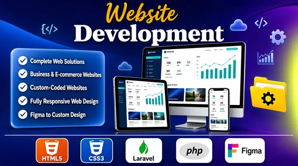 [Format]
Professional Fiverr gig cover, landscape 16:9 banner, polished SaaS showcase style with a blue-purple gradient and glossy device mockups. Modern, technical, feature-led. No watermark, no personal names.

[Layout]
A deep blue-to-purple gradient background with soft sweeping curves and a warm yellow-green glow on the right. The left half holds a translucent checklist panel; the right half is packed with a cluster of desktop monitor, tablet and phone mockups, plus floating folders and gears. A thin horizontal rule sits above a bottom badge row.

[Subject]
No people. The scene is a pure tech-product composition. A large silver iMac-style monitor stands centre-right showing a dashboard UI, flanked by a tablet and smartphone in front of it. A small yellow folder with a gear icon floats to the right. Tiny translucent icons — clouds, gears, charts, code brackets — drift through the background.

[Headline]
Top centre: "Website" in yellow-orange cursive script, then "Development" in very heavy white serif below it. On the left, inside a rounded translucent blue panel, five checklist items each with a white checkmark: "Complete Web Solutions", "Business & E-commerce Websites", "Custom-Coded Websites", "Fully Responsive Web Design", "Figma to Custom Design".

[Badges]
Along the bottom, five rounded square technology badges: HTML5 orange shield with "HTML5", CSS3 blue shield with "CSS3", Laravel green teardrop, PHP grey oval with "php", and Figma multicolour mark with "Figma".

[Devices]
The iMac screen shows a website dashboard with a navigation bar, a stat panel, bar and line charts, image cards and content blocks in teal, orange and green. The tablet and phone repeat smaller versions of the same dashboard layout with rounded thumbnails and metric panels.

[Mood]
Clean, technical and solution-focused; deep gradient with warm accent glow, clear feature checklist and layered device depth.
