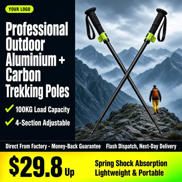 [Format]
Professional e-commerce product main image, square 1:1, rugged outdoor-gear promo style combining a bold text panel with an alpine photo backdrop.

[Colors]
Backdrop is a moody slate-blue-grey (#5a6672 range) dramatic mountain scene filling the right two-thirds; the left text ground is dark charcoal-navy (#2b3340). Accent colour is vivid lime green (#a8e063) on checkmarks and pole clips; the bottom price band is a bright yellow-green gradient with dark type. No frame border.

[Layout]
The left third stacks the headline and two checkmark claims; the right two-thirds show two trekking poles crossing diagonally in front of the mountain photo, with a hiker small in the mid-distance. A full-width banner strip anchors the bottom edge for price and service claims, and a small pill sits in the top-left corner.

[Subject]
No people in the foreground. Two black aluminium-and-carbon trekking poles with ribbed EVA foam grips, woven wrist straps and lime-green quick-lock clips, crossed in an X with tips pointing down. In the photo behind them, a white / Caucasian male hiker wearing an orange backpack and bright yellow pants walks a rocky ridge toward misty peaks.

[Headline]
Top-left in bold white condensed sans-serif across three lines: "Professional Outdoor", "Aluminium + Carbon", "Trekking Poles". Beneath, two lime-green checkmark lines: "100KG Load Capacity" and "4-Section Adjustable". Top corner pill: "YOUR LOGO".

[Badges]
Bottom yellow-green band: huge dark "$29.8" with a small "Up" suffix beside two claims, "Spring Shock Absorption" and "Lightweight & Portable"; above it a thin dark strip reads "Direct From Factory - Money-Back Guarantee" and "Flash Dispatch, Next-Day Delivery".

[Mood]
Rugged, energetic and dependable; dark alpine drama punctuated by sporty lime-green accents.