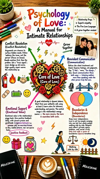This is a Chinese infographic themed "Psychology of Love: A Manual for Intimate Relationships", hand-drawn in style, laid out as a radial tree centered on the "Core of Love", its four main branches mapping the key elements of intimate relationships: conflict resolution, nonviolent communication, emotional support, and boundaries & independence. The chart sits on a wooden desk scattered with colorful markers, a Moleskine sketchbook, and a cup of latte coffee, for a relaxed, creative, everyday learning feel.

The title sits at top center in large multicolor gradient lettering: "Psychology of Love: A Manual for Intimate Relationships", topped by a beating heart icon and an ECG line, with a "Relationship Props" tip on the right: + Superb empathy + The Five Love Languages + A grow-together mindset, an arrow pointing to the words "Grow Together".

The chart's center is a 3D heart of gears and roses symbolizing the "Core of Love (Core of Love)", captioned below: "A good relationship is dynamic balance. Start from your authentic self, using at least 3 warm colors for tolerance, understanding, and passion. The central image is the relationship's energy source — the more sincere, the more it nourishes both souls."

Four main branches extend from the central heart, each a core module:

1. **Conflict Resolution (Conflict Resolution)**
   - Upper-left, green branch, illustrated with a fire extinguisher dousing flames, a handshake, band-aids and the like.
   - Text: "Arguments are chances to surface hidden needs. Follow 'address the issue, not the person' (Focus on Issue). Handle emotions first, then the problem. Set a 'truce signal'; never dredge up old scores. High-quality repair warms the relationship up."
   - Below: a battery-charging icon and a smiley, stressing emotional recovery.

2. **Nonviolent Communication (Communication)**
   - Upper-right, blue branch, illustrated with a microphone, speech bubbles, a bridge, an ear and more, symbolizing listening and exchange.
   - Text: "Refuse the silent treatment and blame! Express feelings, not judgments. Say 'I feel...' more, 'You always...' less. Good communication flows both ways — listening matters more than speaking; make the other person truly feel seen."
   - The picture adds two overlapping circles (Venn-diagram-like), symbolizing the two sides' interaction and overlap.

3. **Emotional Support (Emotional Value)**
   - Lower-left, pink-purple branch, illustrated with smileys, a gift box, a glass jar filled with stars and hearts.
   - Text: "Emotional value is the relationship's piggy bank. Give positive feedback daily, with sincere praise and gratitude (Appreciation). At your partner's lows, offer emotional backing, not lectures. Small surprises keep love fresh."
   - "Positive feedback" is emphasized, circled in pink for weight.

4. **Boundaries & Independence (Boundaries)**
   - Lower-right, orange-yellow branch, illustrated with a figure walking with a backpack, a balance scale, a fence, a sun and moon half-overlapping.
   - Text: "Keep inner independence. Love is not two people merging into one but two whole people walking side by side. Respect each other's private space, hobbies, and social circle. Only love with a sense of boundaries (Space) breathes long."
   - "Walking side by side" is highlighted in an orange box.

A couple's photo in the chart's upper-right boosts emotional resonance; Moleskine notebooks at lower-right and lower-left reinforce the "manual" theme.

The overall style is warm and lively, heavy on cartoon illustration, vivid color, and decorative elements (hearts, lightning, stars) that make complex psychology easy to grasp and remember. The hierarchy is clear, color, icons, and layout guiding readers to the key points — an intimate-relationship guide both practical and beautiful.