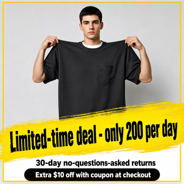 [Format]
Professional e-commerce product main image, square 1:1, studio apparel advertising style with a single-model hero and deal bands.

[Colors]
Background is a light grey studio wall; primary accents are a yellow inner keyline frame, a huge yellow paint-brush band near the bottom, and the charcoal-black tee. No frame border beyond the keyline.

[Layout]
Centre: the male model from the thighs up, pinching the fabric at both shoulders. Bottom third: a broad diagonal yellow brush-stroke band carrying the deadline claim, with a white assurance line beneath and a black coupon pill at the very bottom edge.

[Subject]
A young white / Caucasian man with short dark hair, wearing a boxy charcoal-black heavyweight pocket tee over a white undershirt, gripping the shoulder seams outward to show the structured drape, neutral expression, even studio lighting.

[Headline]
On the yellow brush band: "Limited-time deal - only 200 per day" in very heavy black display caps with rough painted edges. Beneath on white: "30-day no-questions-asked returns" in black. Bottom black pill: "Extra $10 off with coupon at checkout" in white.

[Badges]
No badges; the brush band and pill carry the offer.

[Mood]
Confident, limited-drop urgency; cool grey studio minimalism charged by the raw yellow brush stroke.