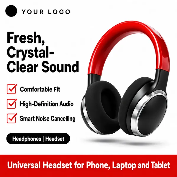 [Format]
Professional e-commerce product main image, square 1:1, crisp gadget-listing style on a pure white studio ground with red-and-black contrast.

[Colors]
Background is seamless white, near #ffffff, with a faint grey floor shadow under the headphones. Accents are vivid signal red on the headband, matte black on the earcups and type, and a red brand band at the bottom. No frame border.

[Layout]
A small black circular logo chip and the letterspaced text "YOUR LOGO" sit at the top left. The main headline occupies the upper-left area. Three checkbox rows run down the left middle. A black pill with the category line sits lower left. The headphones fill the right half at a dynamic three-quarter tilt, and a solid red band closes the bottom edge.

[Subject]
A pair of over-ear headphones with a glossy red headband, thick black foam-padded cups and a polished silver outer ring on each cup, shown at a floating three-quarter angle with soft reflections; no cables, presented as a clean product hero. No people.

[Headline]
Upper left: "Fresh, Crystal-Clear Sound" in heavy black sans-serif caps. Below it three checklist rows, each a red-outlined checkbox with a red tick beside black text: "Comfortable Fit", "High-Definition Audio", "Smart Noise Cancelling". Beneath, a solid black rounded pill with white caps "Headphones | Headset". Bottom red band: "Universal Headset for Phone, Laptop and Tablet" in bold white caps.

[Mood]
Sharp, modern and confident; sterile white ground with one saturated red hero product, checkbox clarity and high thumbnail legibility.